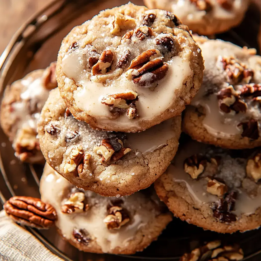 A close-up of a stack of freshly baked cookies topped with icing and pecans on a wooden plate.