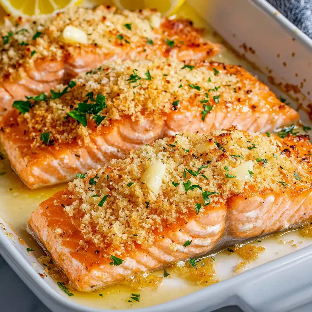 Baked salmon fillets topped with crispy breadcrumbs and parsley, served with lemon wedges.