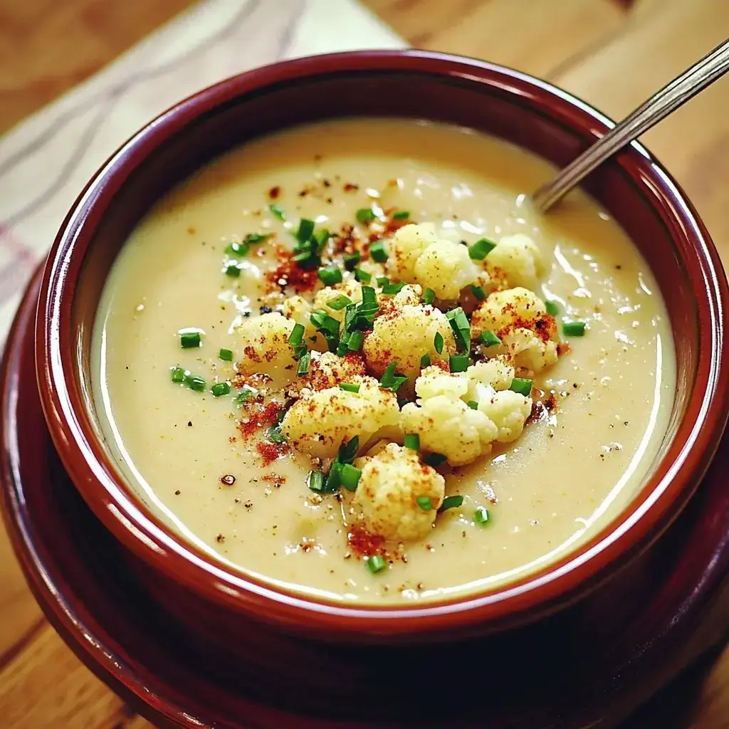 A bowl of creamy soup topped with cauliflower florets, green chives, and a sprinkle of spices.