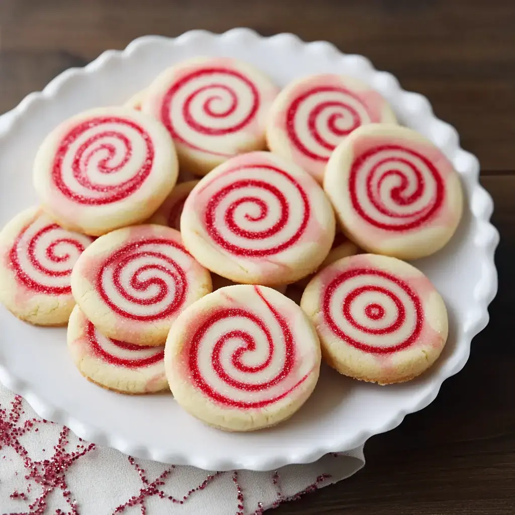 A white plate holds several circular cookies adorned with red swirled patterns on a wooden surface.