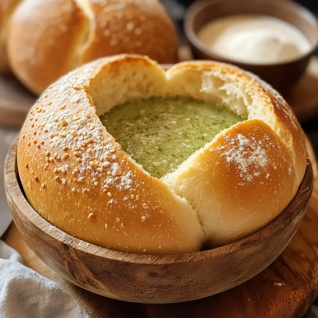 A round, crusty bread bowl filled with a creamy green soup, placed in a wooden bowl with other ingredients in the background.