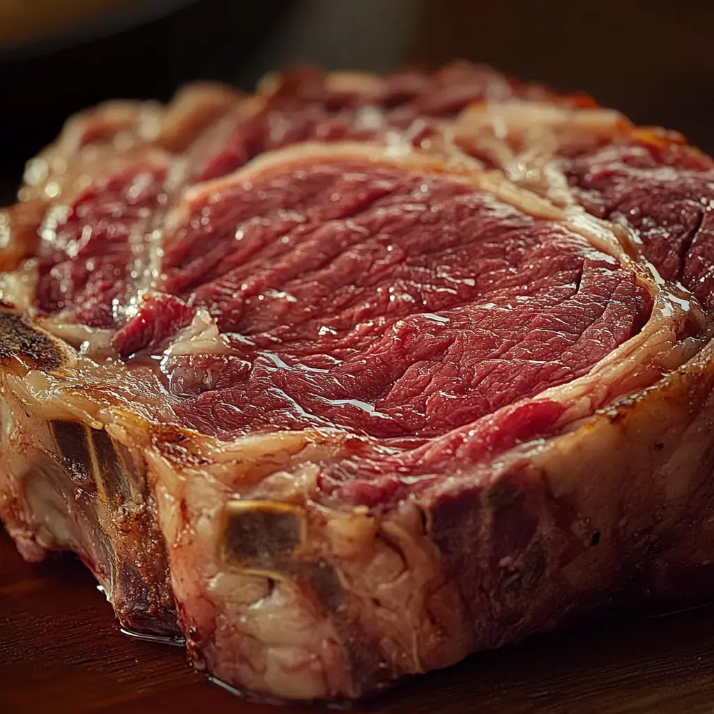 A close-up of a juicy raw ribeye steak displaying marbled fat and rich red meat.