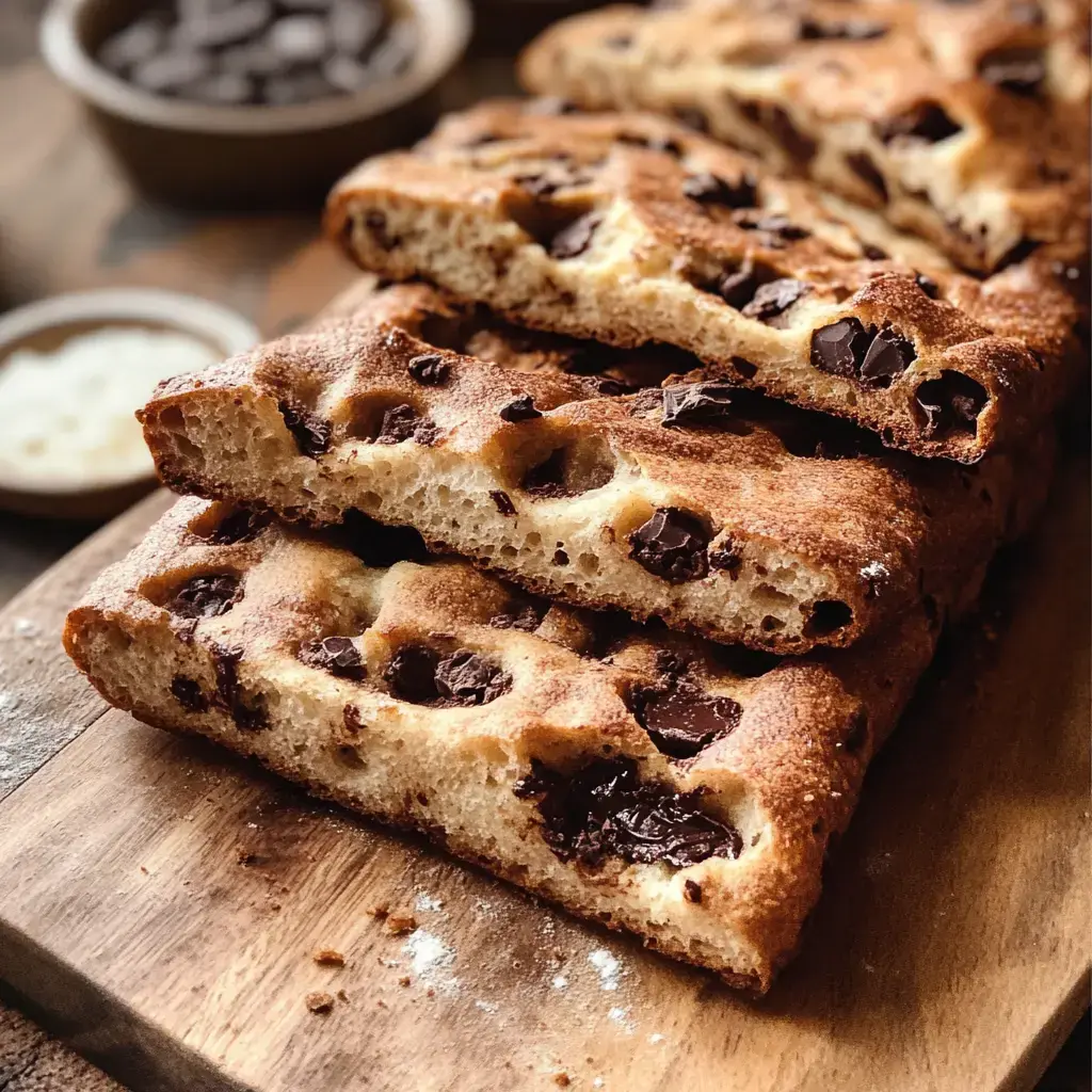 A close-up of three slices of chocolate chip dessert bread on a wooden cutting board, with bowls of chocolate chips and sea salt in the background.