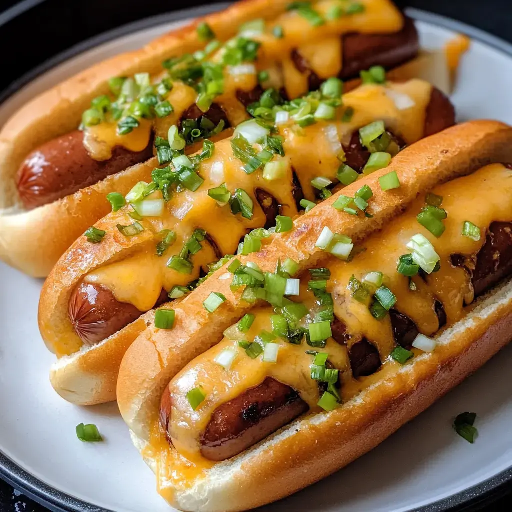 Three hot dogs in buns topped with melted cheese and chopped green onions are arranged on a plate.