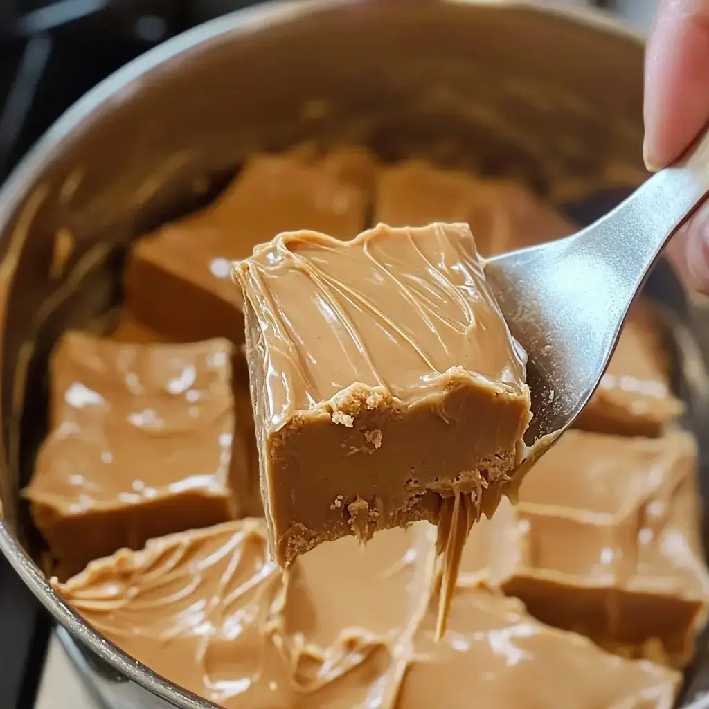 A person is holding a piece of creamy fudge with a shiny top, lifted from a pot containing more pieces of the fudge.