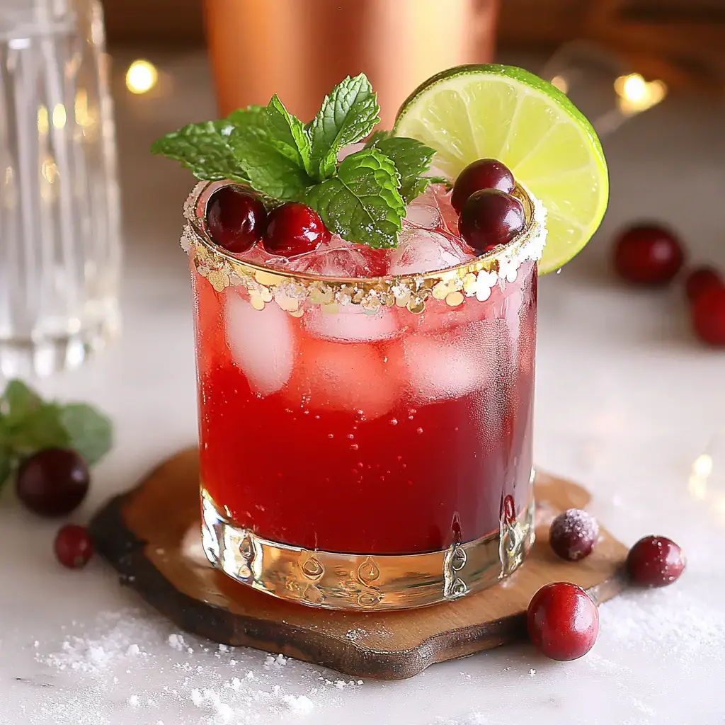 A festive drink garnished with mint, lime, and cranberries, served in a glass on a wooden coaster, surrounded by more cranberries.