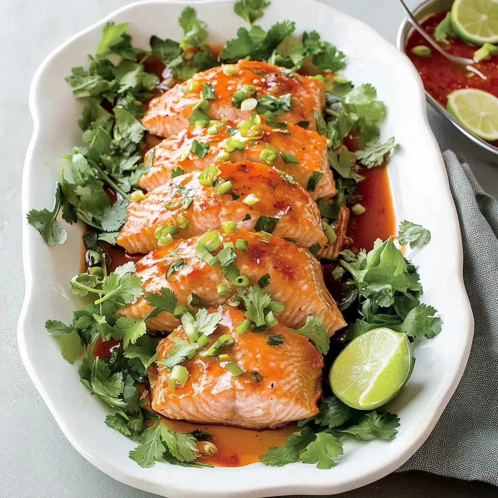 A platter of glazed salmon fillets garnished with green onions and fresh cilantro, accompanied by a lime wedge.