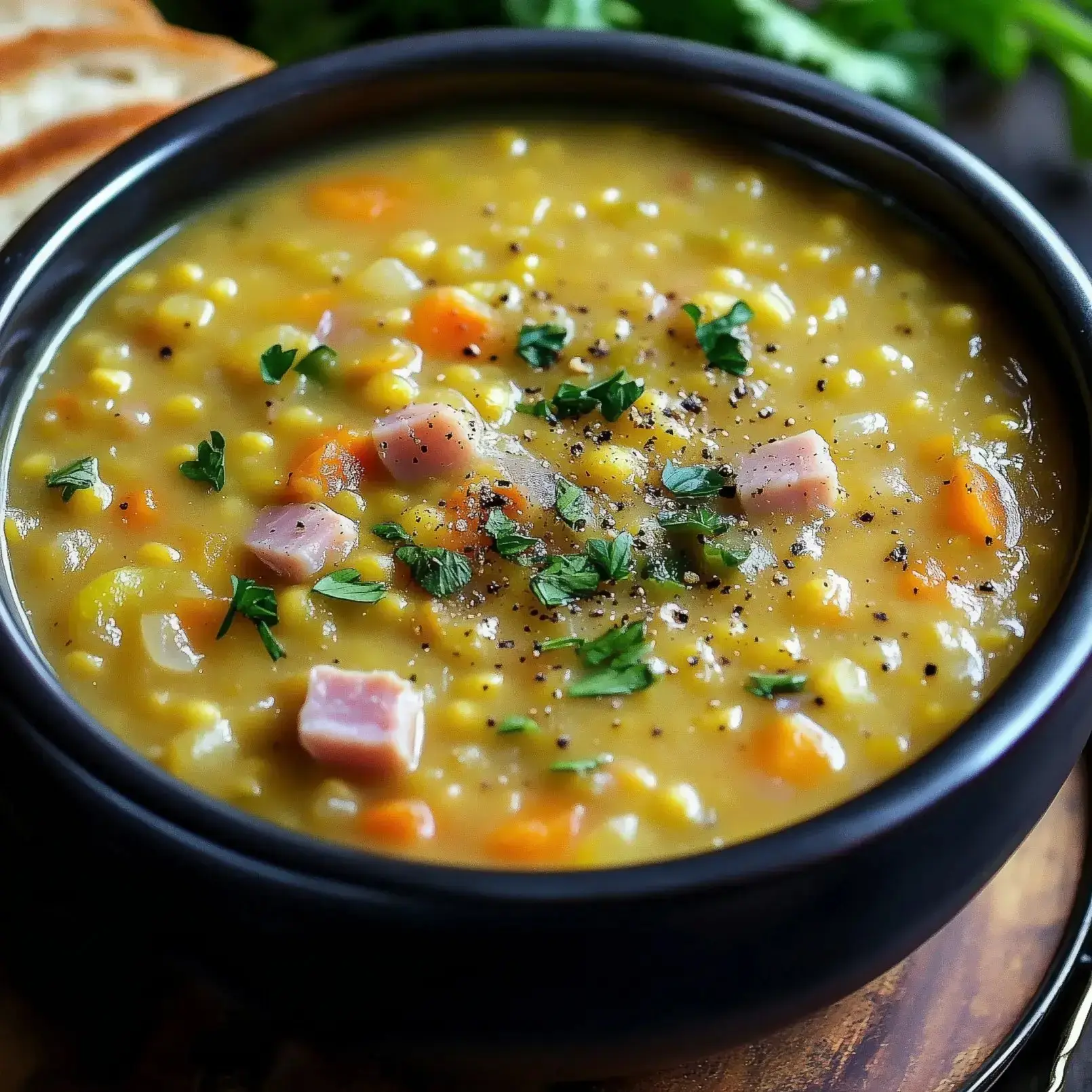 A bowl of hearty split pea soup with diced ham, carrots, and herbs, served with slices of bread on the side.