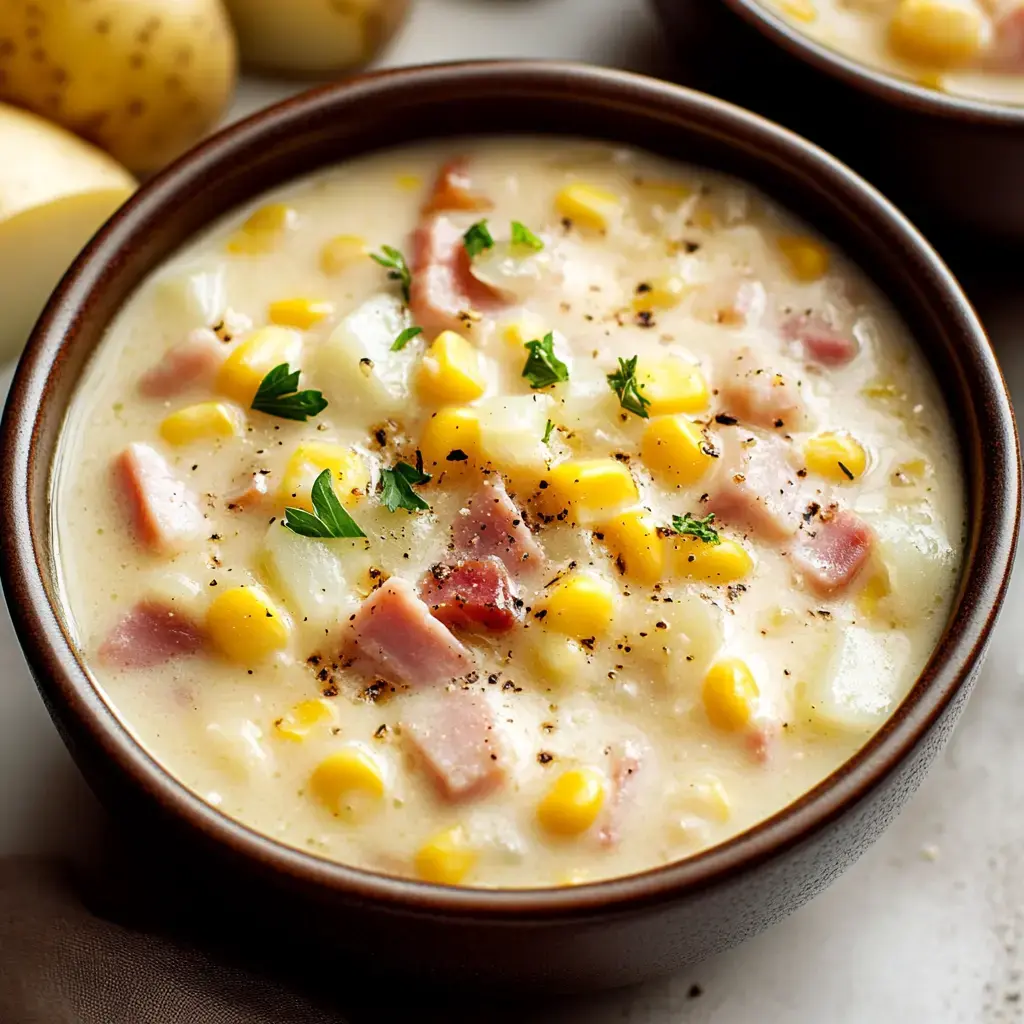 A bowl of creamy corn and potato soup with pieces of ham and garnished with parsley, surrounded by unpeeled potatoes.