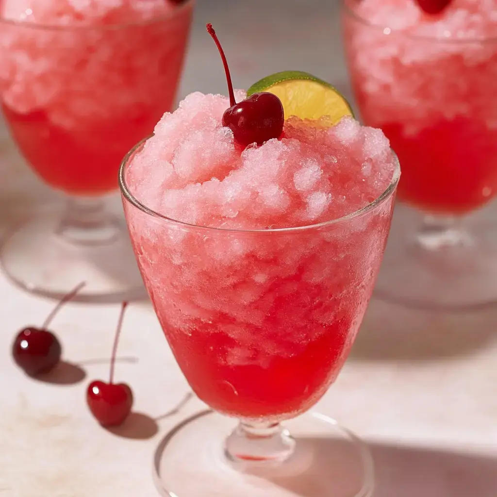 A close-up of a refreshing pink slushy drink topped with a cherry and a slice of lime, served in a clear glass, with additional cherries nearby.