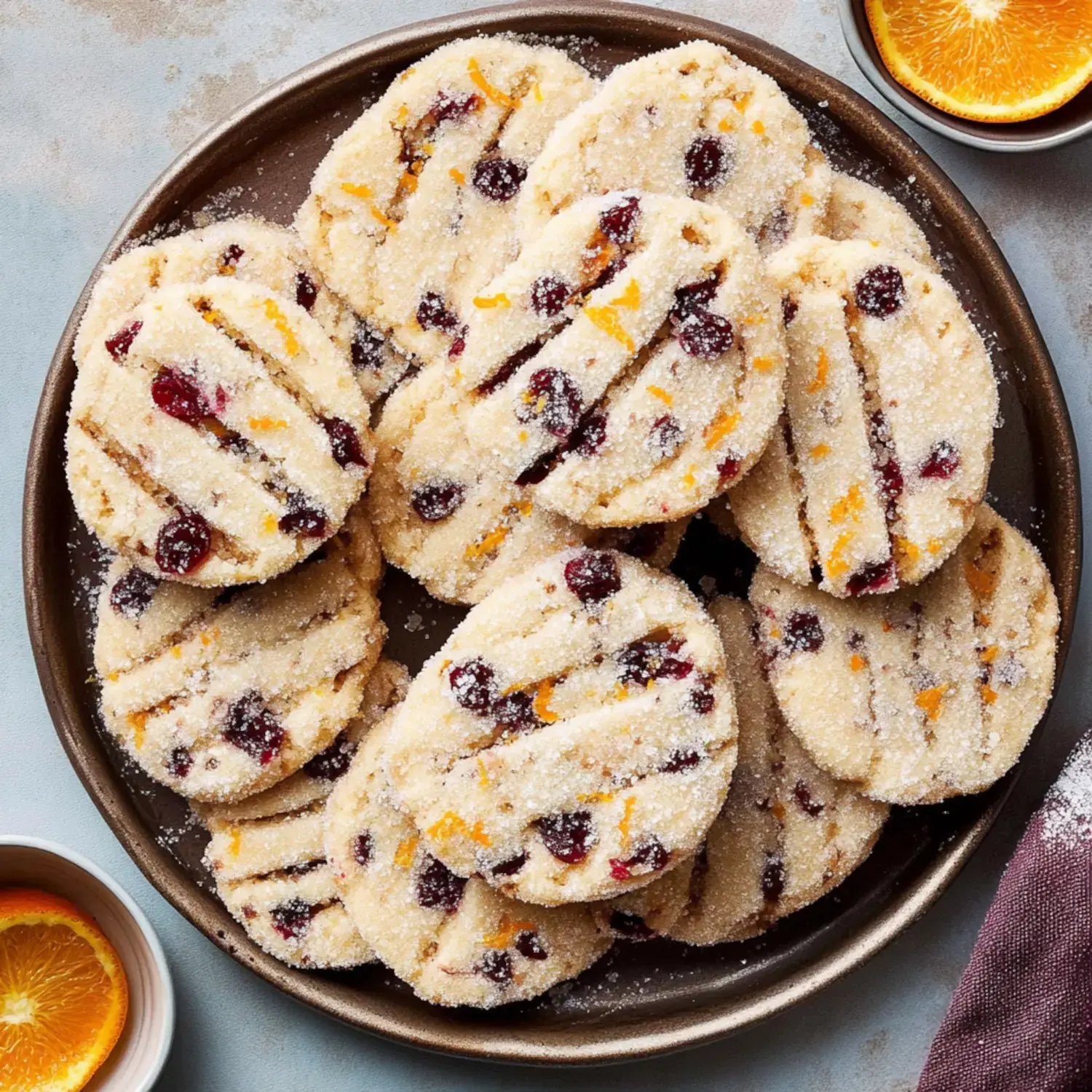 A round platter filled with sugar-coated citrus and cranberry cookies.