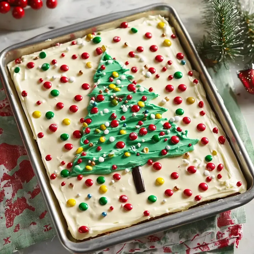 A decorated cake featuring a green icing Christmas tree surrounded by colorful candy sprinkles on a white frosting surface.