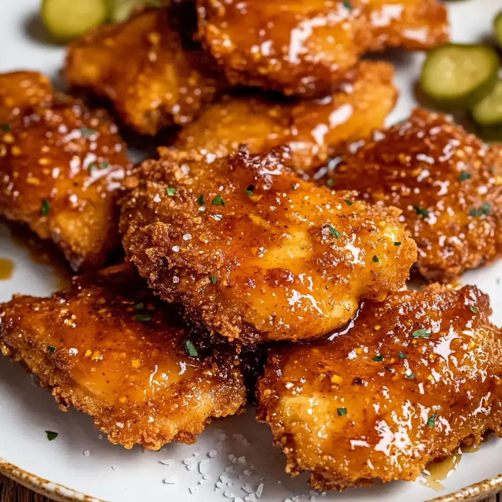 A close-up of crispy fried chicken pieces coated in a shiny glaze, garnished with herbs, and served alongside pickles.