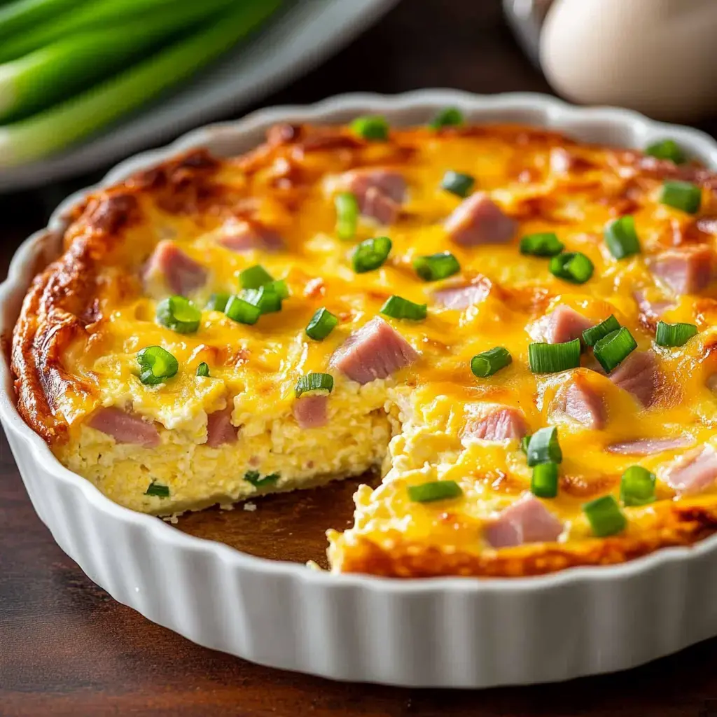 A baked egg dish with ham and green onions, partially sliced in a white pie dish, set against a background of green onions and an egg.