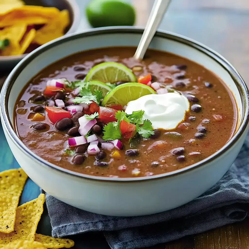 A bowl of black bean soup topped with lime slices, diced tomatoes, onions, cilantro, and a dollop of sour cream, accompanied by tortilla chips.