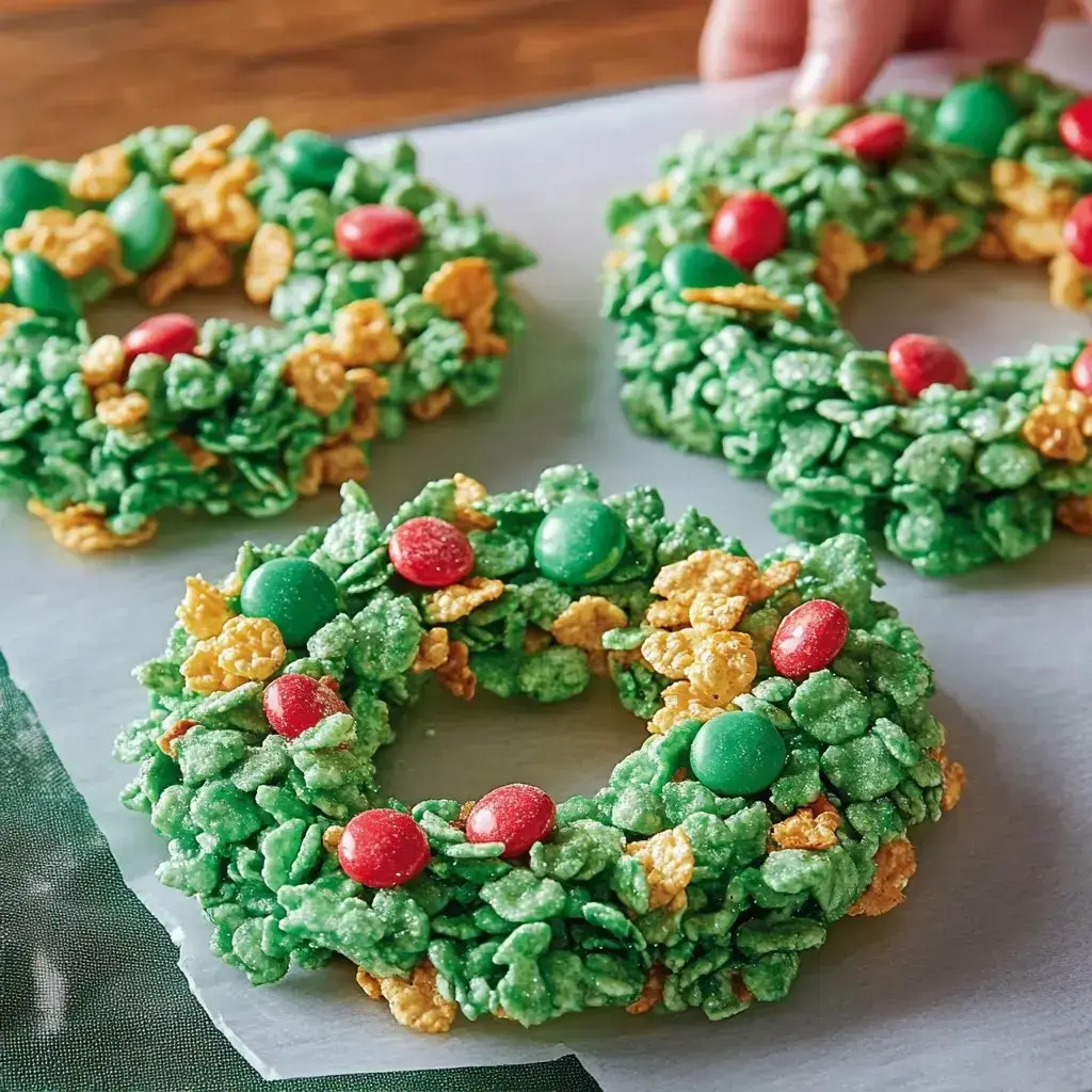 Three festive rice cereal wreaths decorated with red and green candies are displayed on parchment paper.