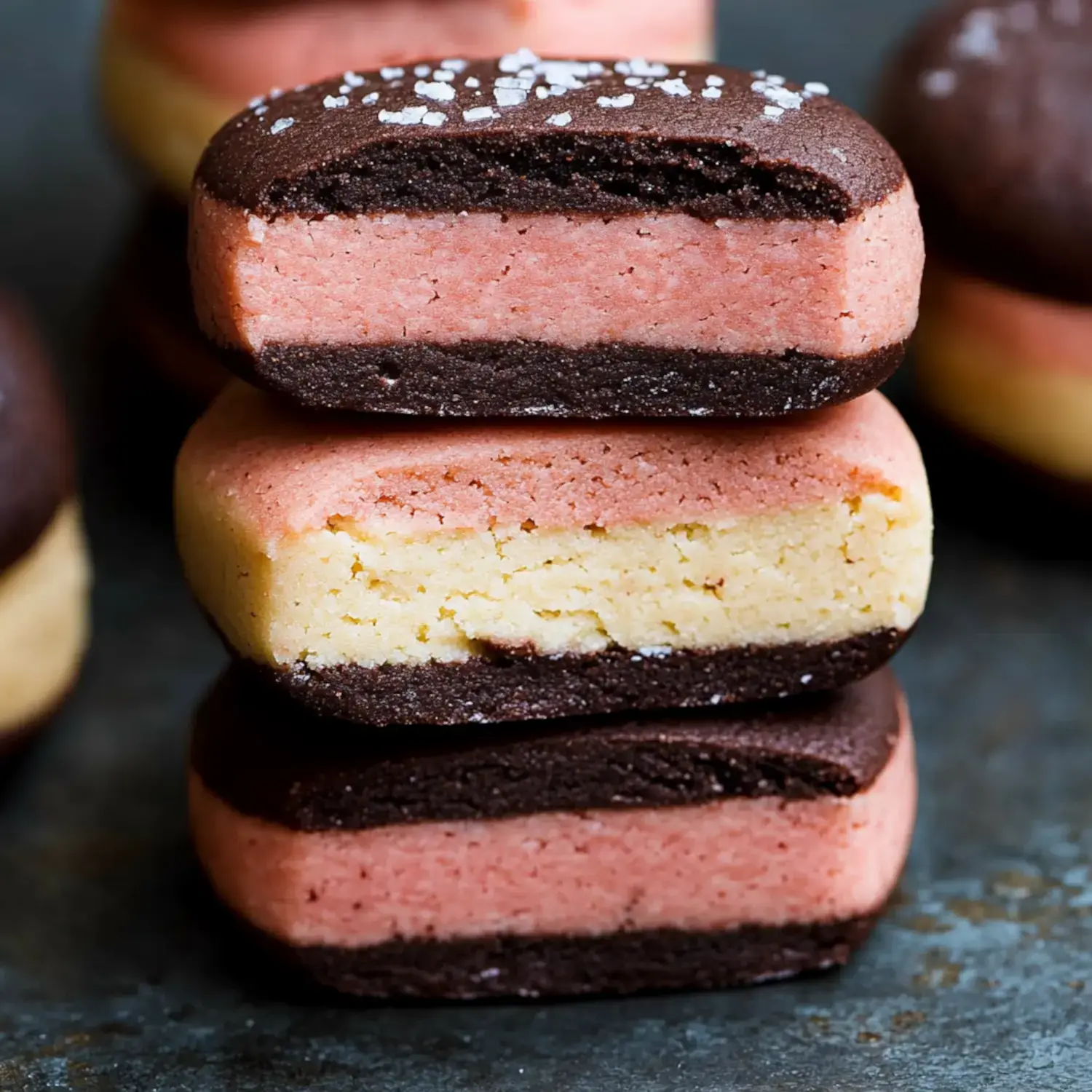 A stack of layered cookies featuring pink, yellow, and dark brown sections, topped with a sprinkle of sea salt.