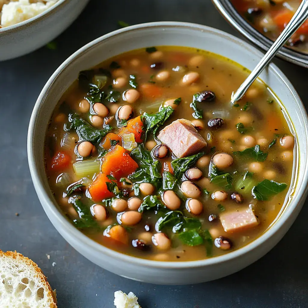 A bowl of hearty bean soup featuring black and white beans, leafy greens, diced ham, and colorful vegetables, accompanied by a piece of bread.