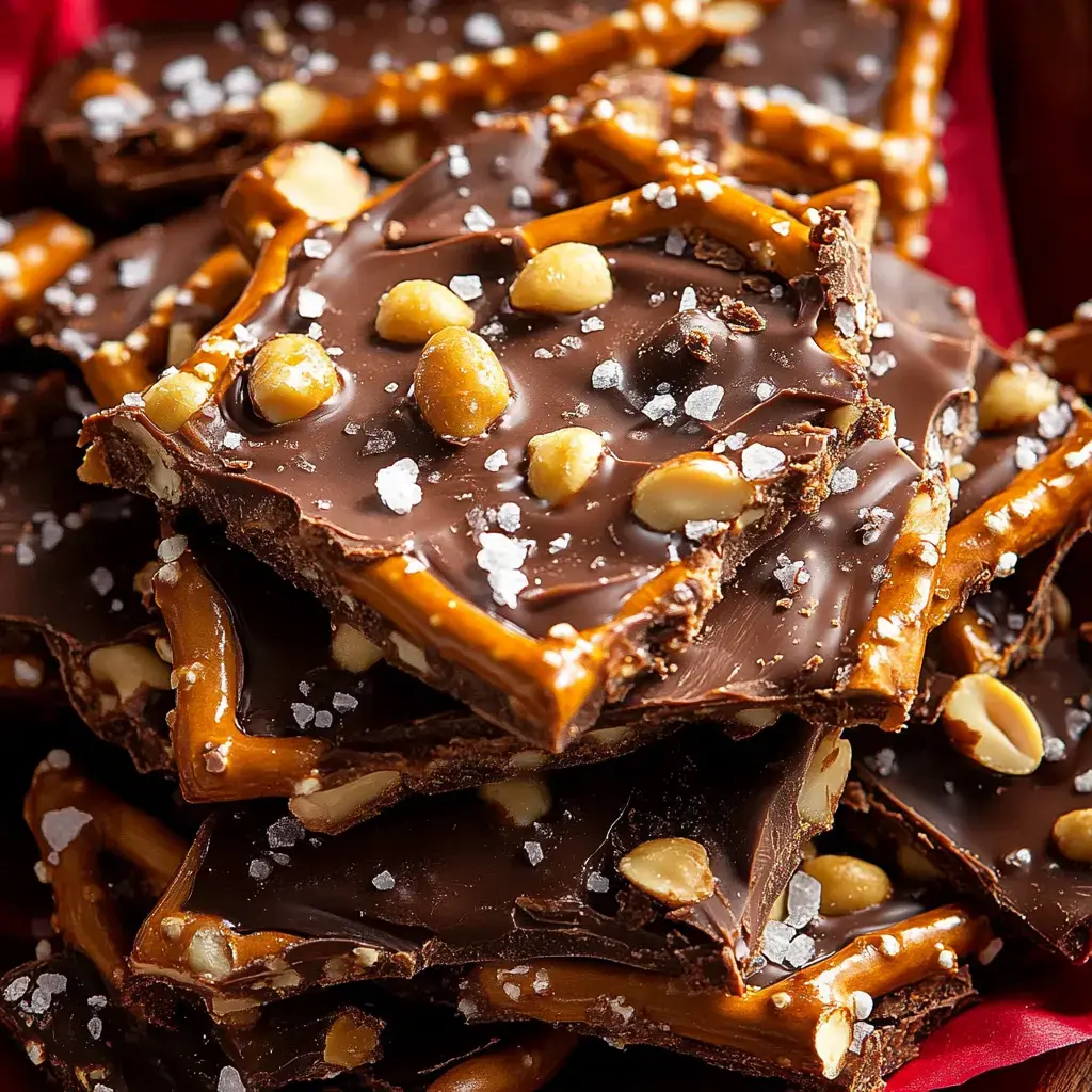 A close-up image of chocolate bark topped with pretzels, nuts, and sea salt, arranged in a stacked formation.