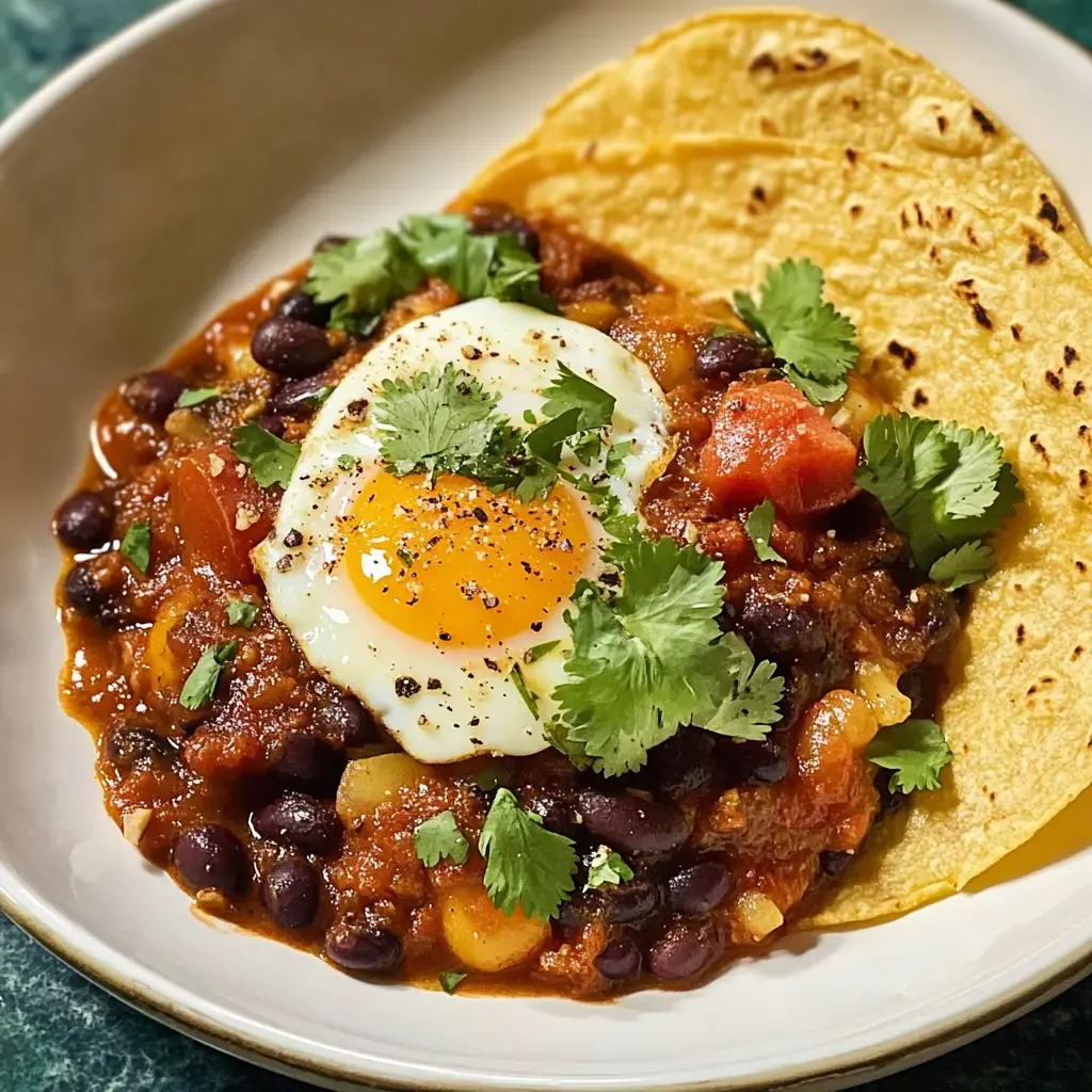 A bowl of spicy black bean stew topped with a sunny-side-up egg and fresh cilantro, served alongside a corn tortilla.