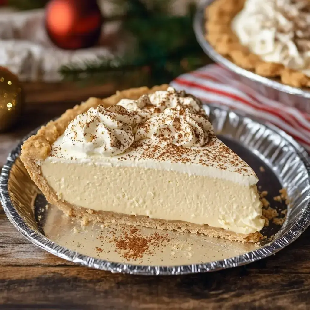 A slice of cream pie topped with whipped cream and sprinkled with cocoa powder, set against a festive background.