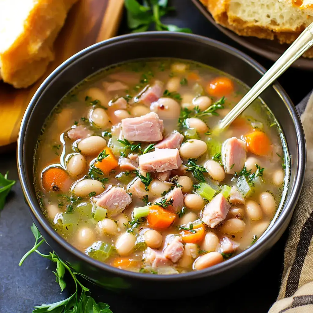 A bowl of white bean and ham soup garnished with herbs and accompanied by a slice of bread on a wooden plate.