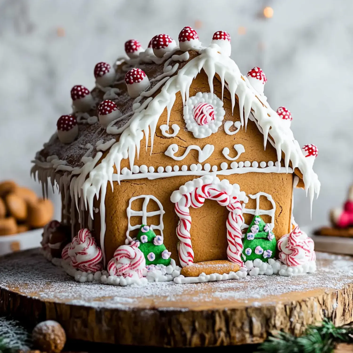 A beautifully decorated gingerbread house topped with red and white candy mushrooms, icing, and minty details sits on a wooden serving platter.