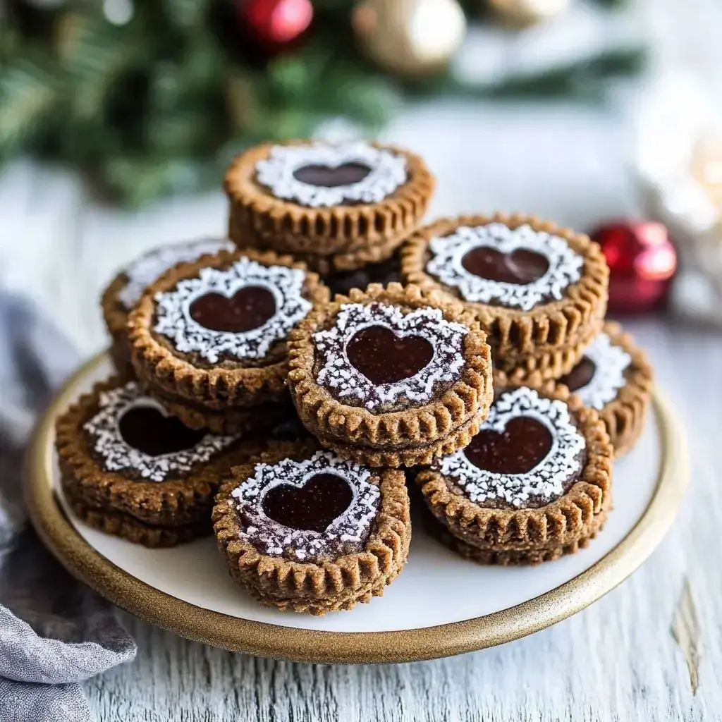 A plate of heart-shaped cookies with chocolate filling and decorative icing, stacked attractively, sits against a festive backdrop.