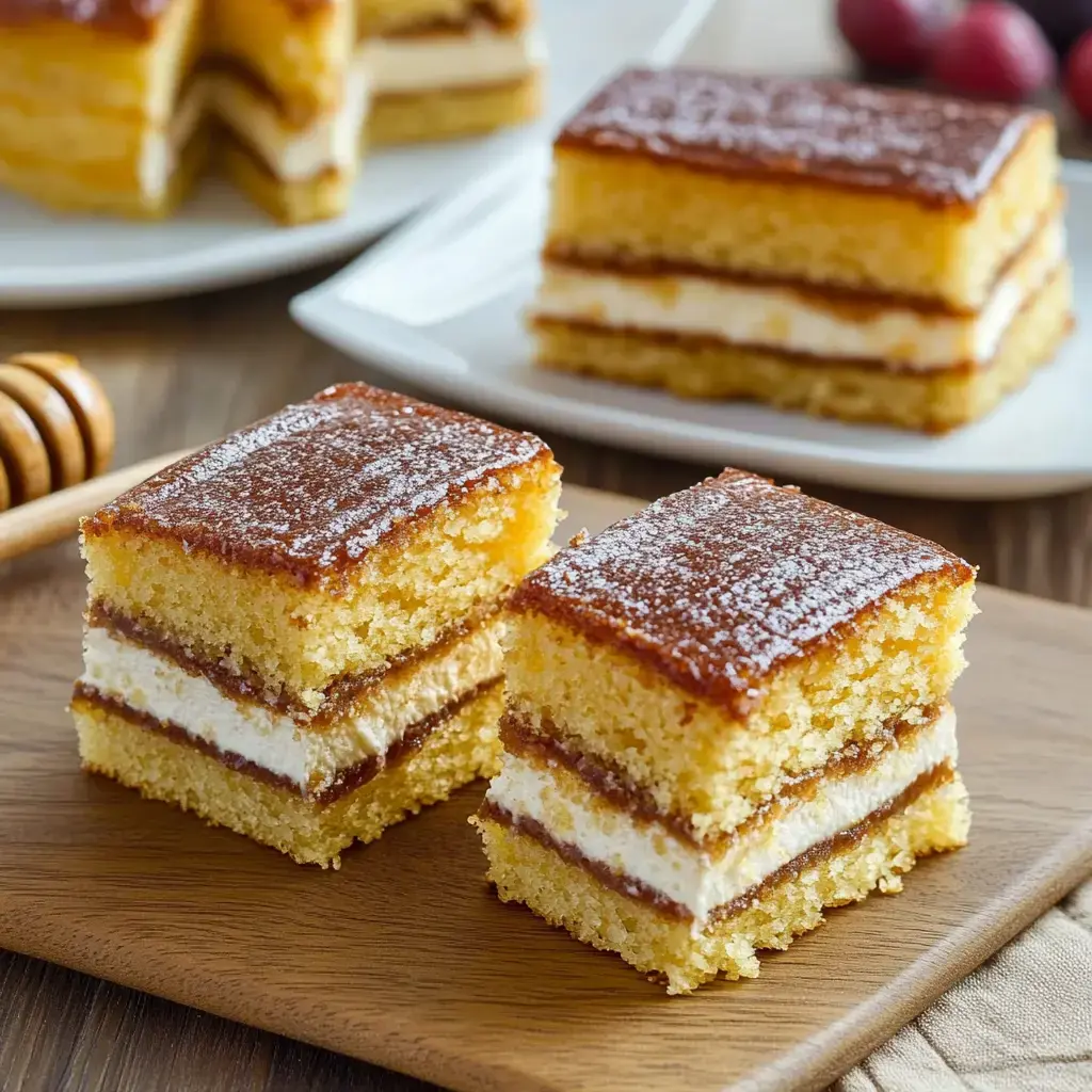 Two slices of layered cake with cream and a caramel filling, dusted with powdered sugar, set on a wooden board.