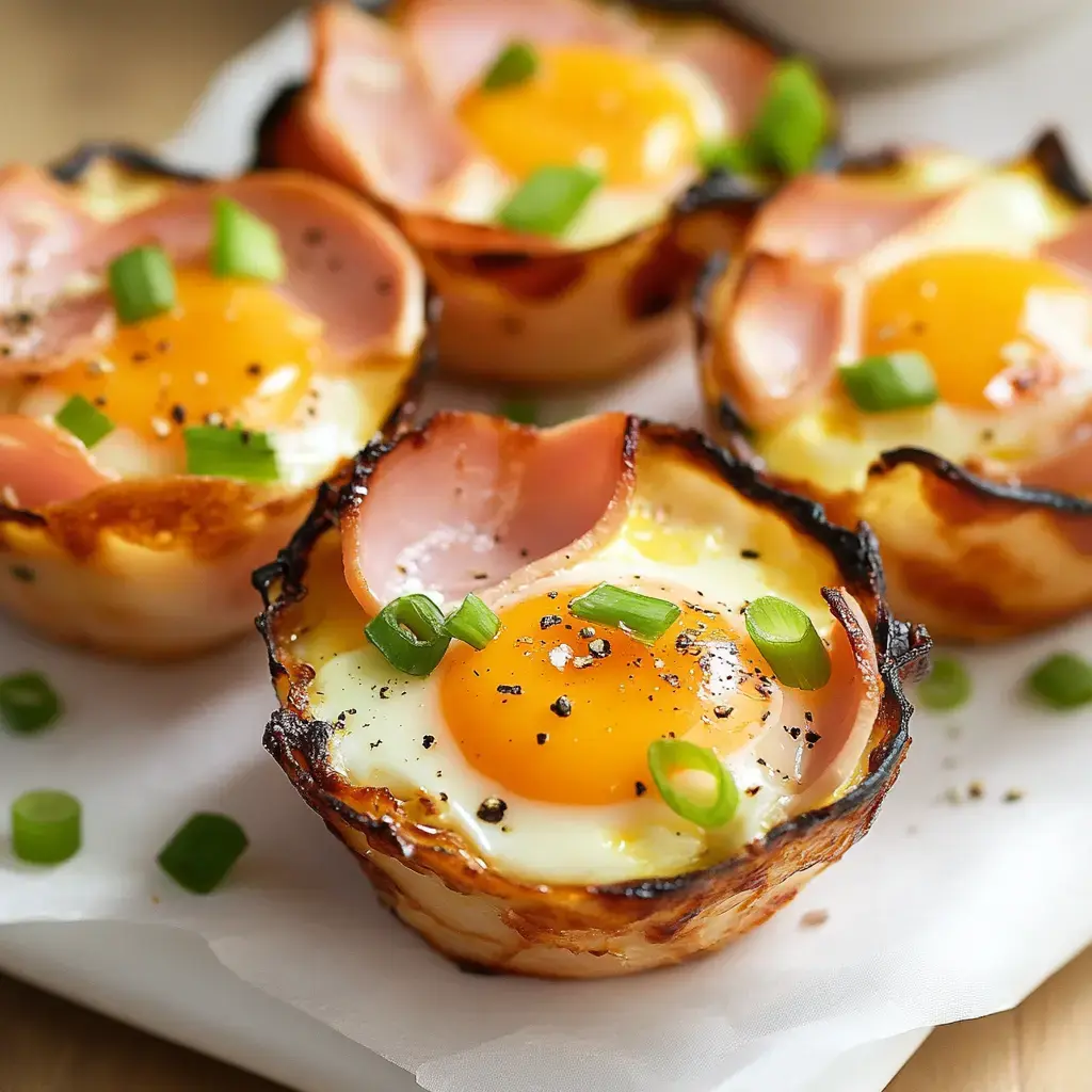 Baked egg cups made with ham, topped with green onions and black pepper.