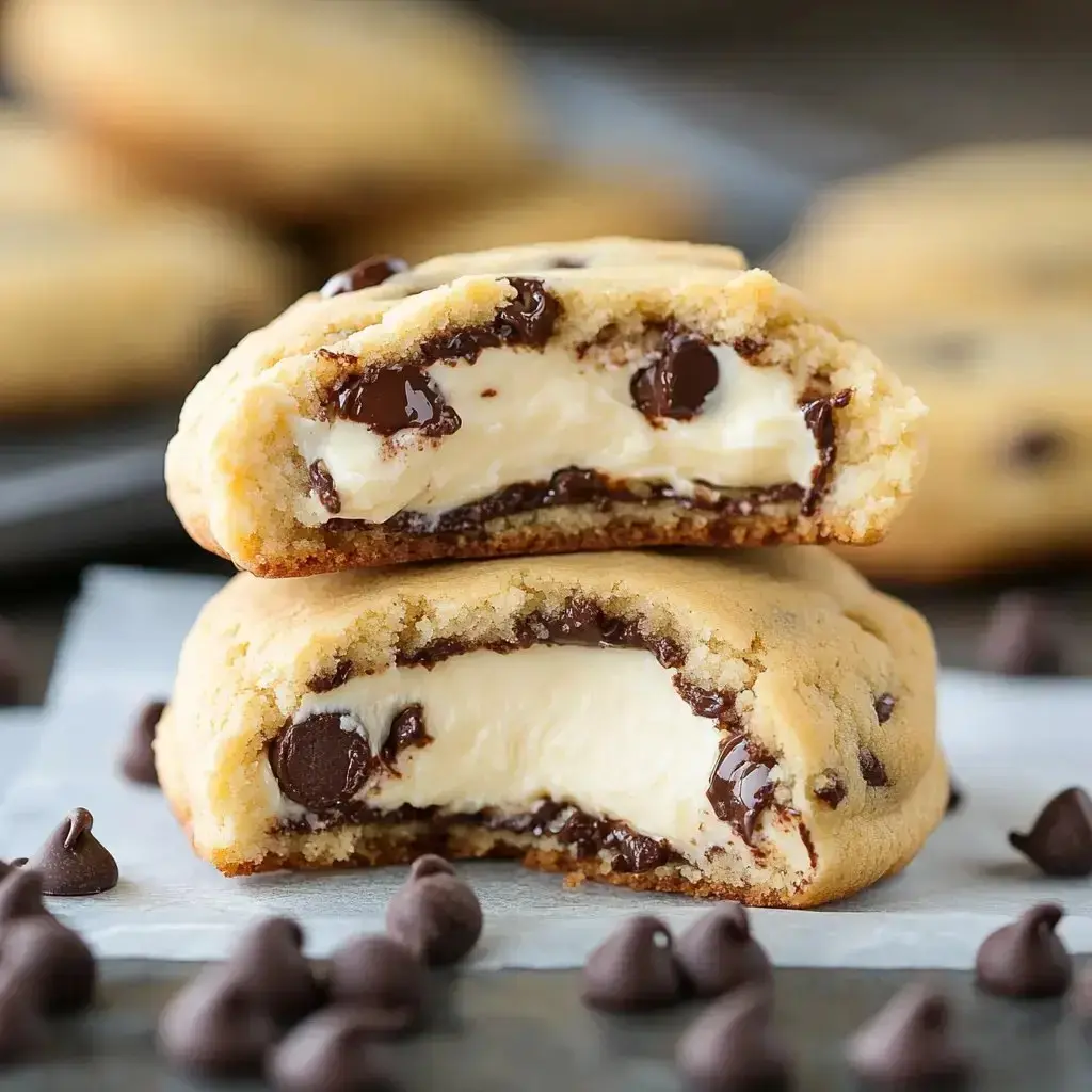 A close-up of a cookie cut in half, revealing a creamy filling and chocolate chips inside, with additional chocolate chips scattered around.