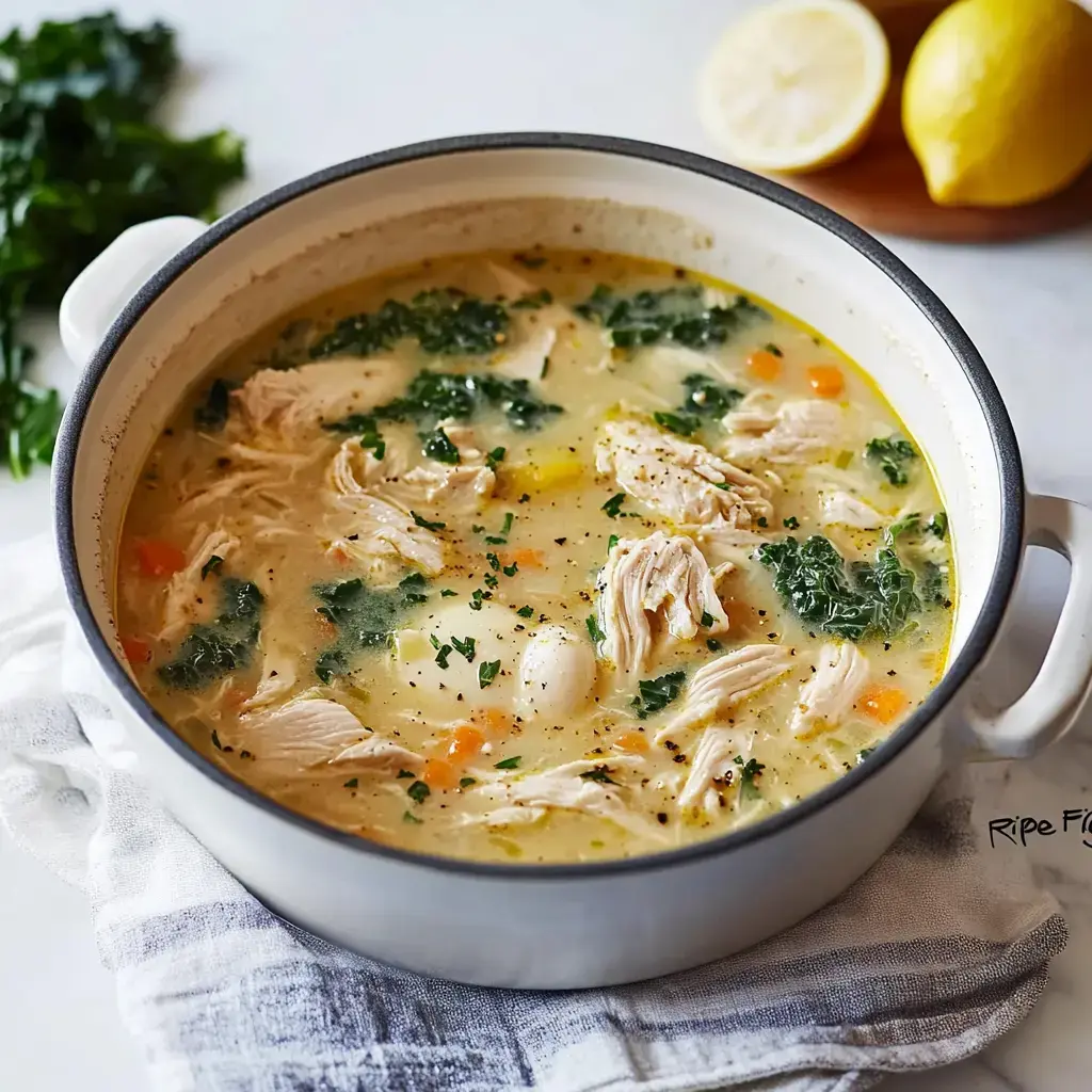 A pot of creamy chicken soup with kale and vegetables sits on a towel, accompanied by fresh lemons in the background.