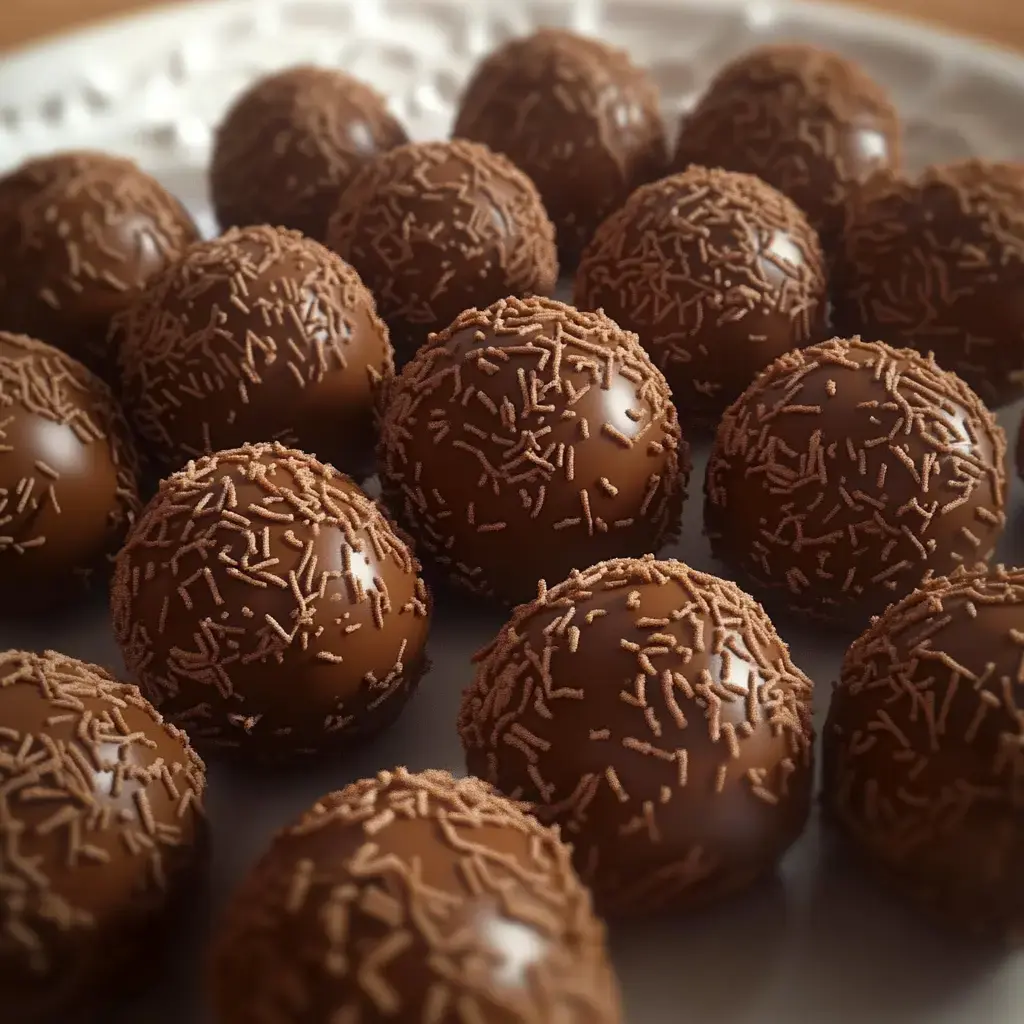 A close-up view of round chocolate truffles coated with chocolate sprinkles on a decorative plate.