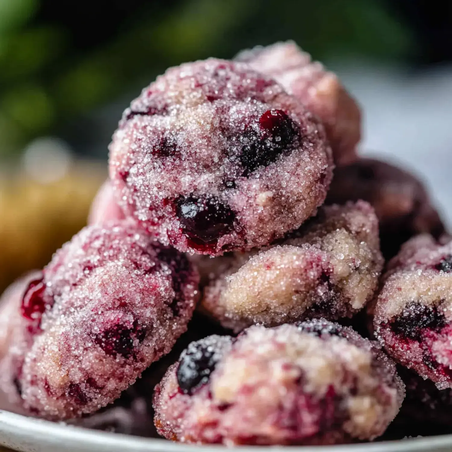 A close-up of sugar-coated berry cookies piled on a plate.