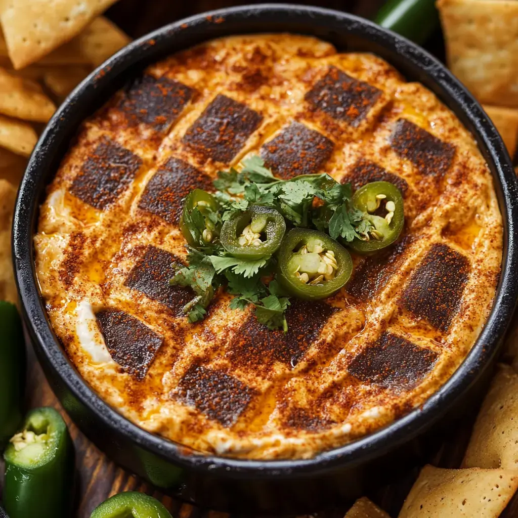 A baked dip topped with jalapeños and cilantro, surrounded by tortilla chips.