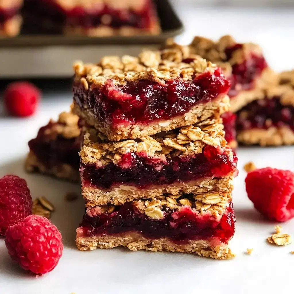 A stack of raspberry oat bars is displayed, surrounded by fresh raspberries on a light surface.