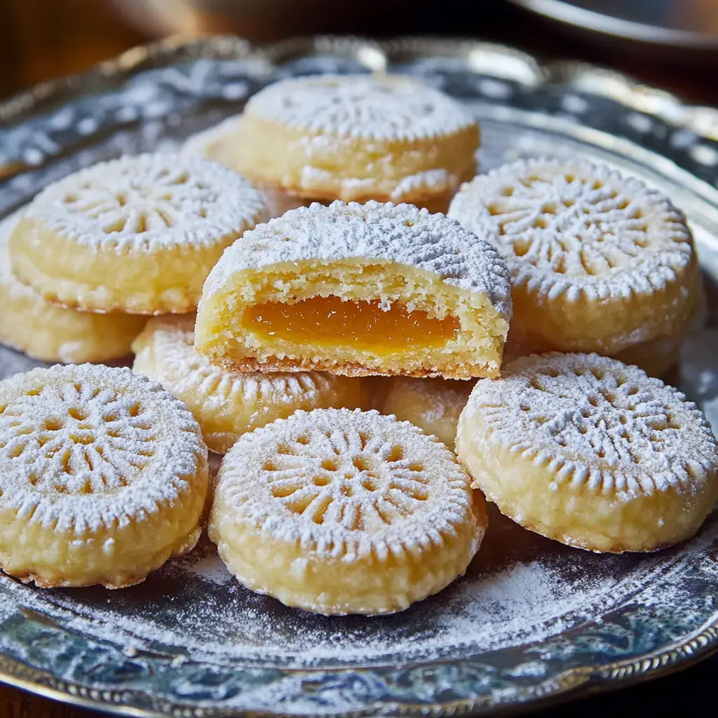 A silver platter holds a stack of powdered sugar-coated cookies, one of which is cut in half to reveal a vibrant fruit filling inside.