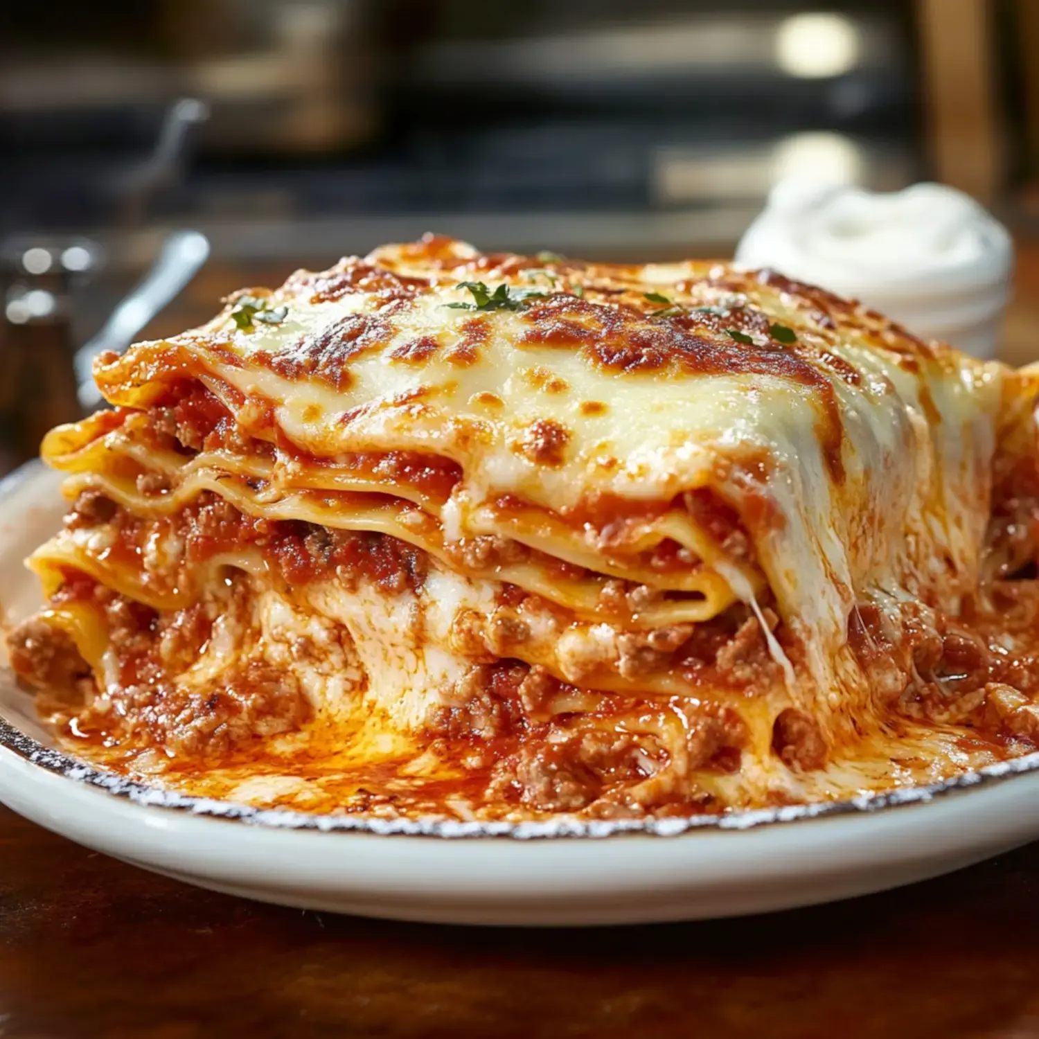 A hearty serving of lasagna with layers of meat, cheese, and sauce, oozing with melted cheese, on a plate.