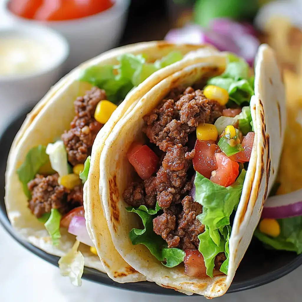 Two tacos filled with seasoned ground beef, lettuce, tomatoes, and corn, served on a black plate with additional colorful ingredients in the background.