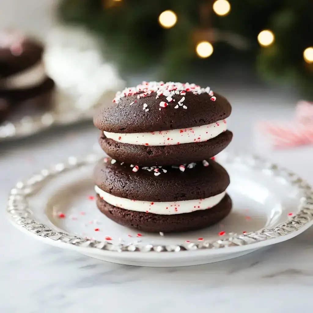 A stack of three chocolate whoopie pies filled with white cream and topped with red and white sprinkles, set on a decorative plate with a blurred festive background.