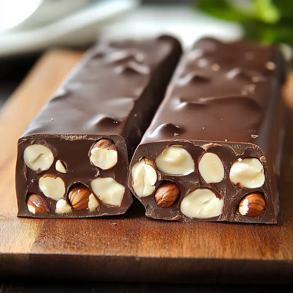 Two chocolate bars are shown cut in half, revealing a filling of chopped nuts surrounded by dark chocolate, resting on a wooden surface.