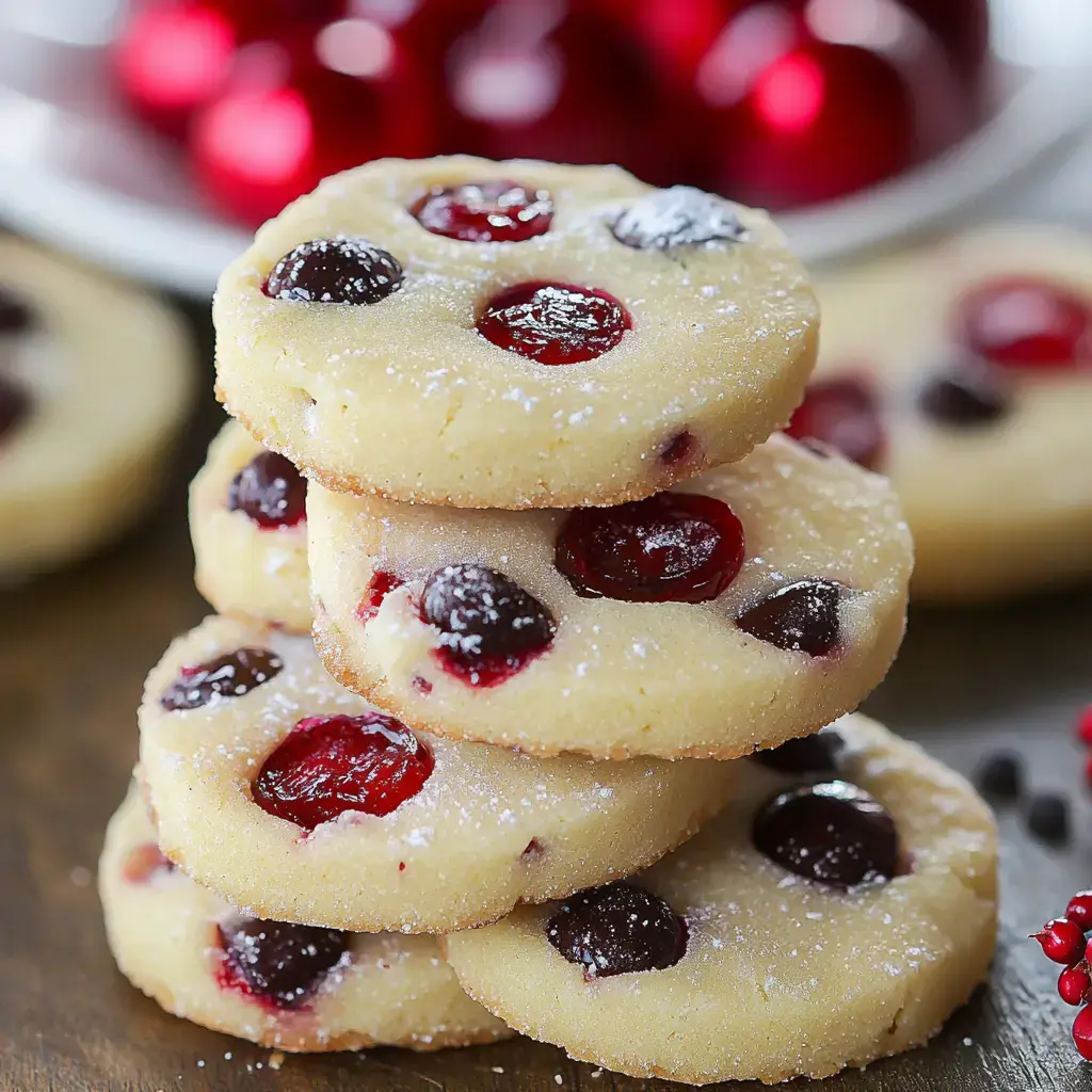 A stack of round cookies decorated with red and black fruit pieces, dusted with powdered sugar, set against a blurred background of more fruit.