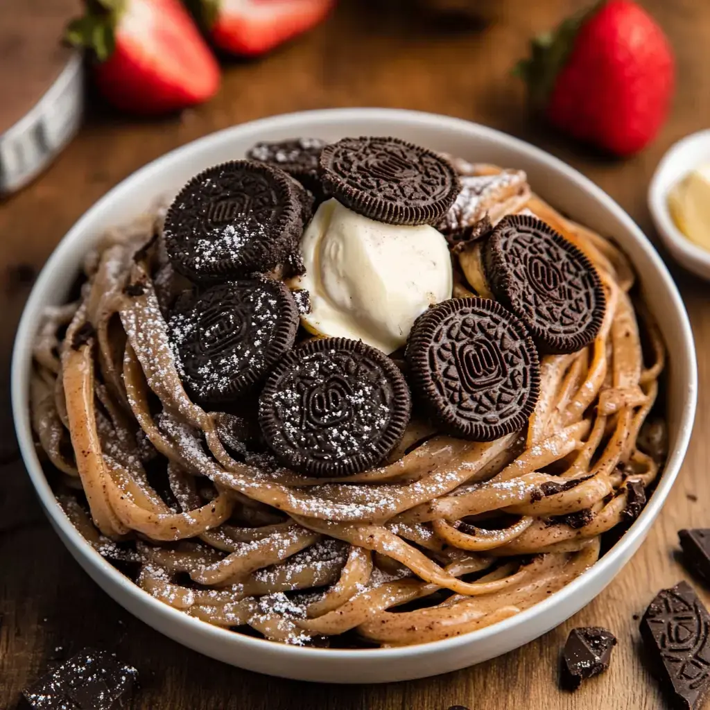 A bowl of chocolate pasta topped with crushed Oreos, a scoop of ice cream, and a dusting of powdered sugar, accompanied by fresh strawberries.