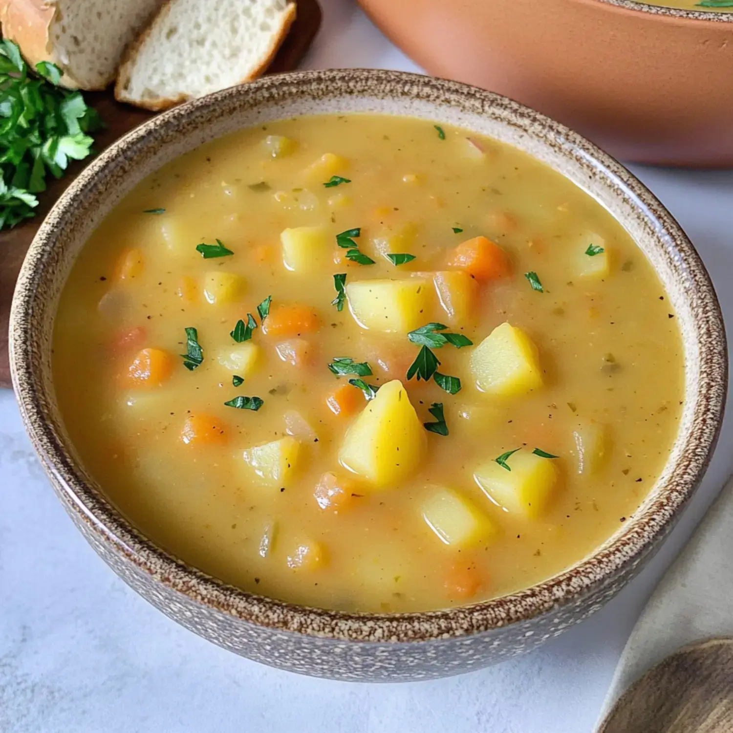 A bowl of hearty vegetable soup garnished with parsley, accompanied by slices of bread.