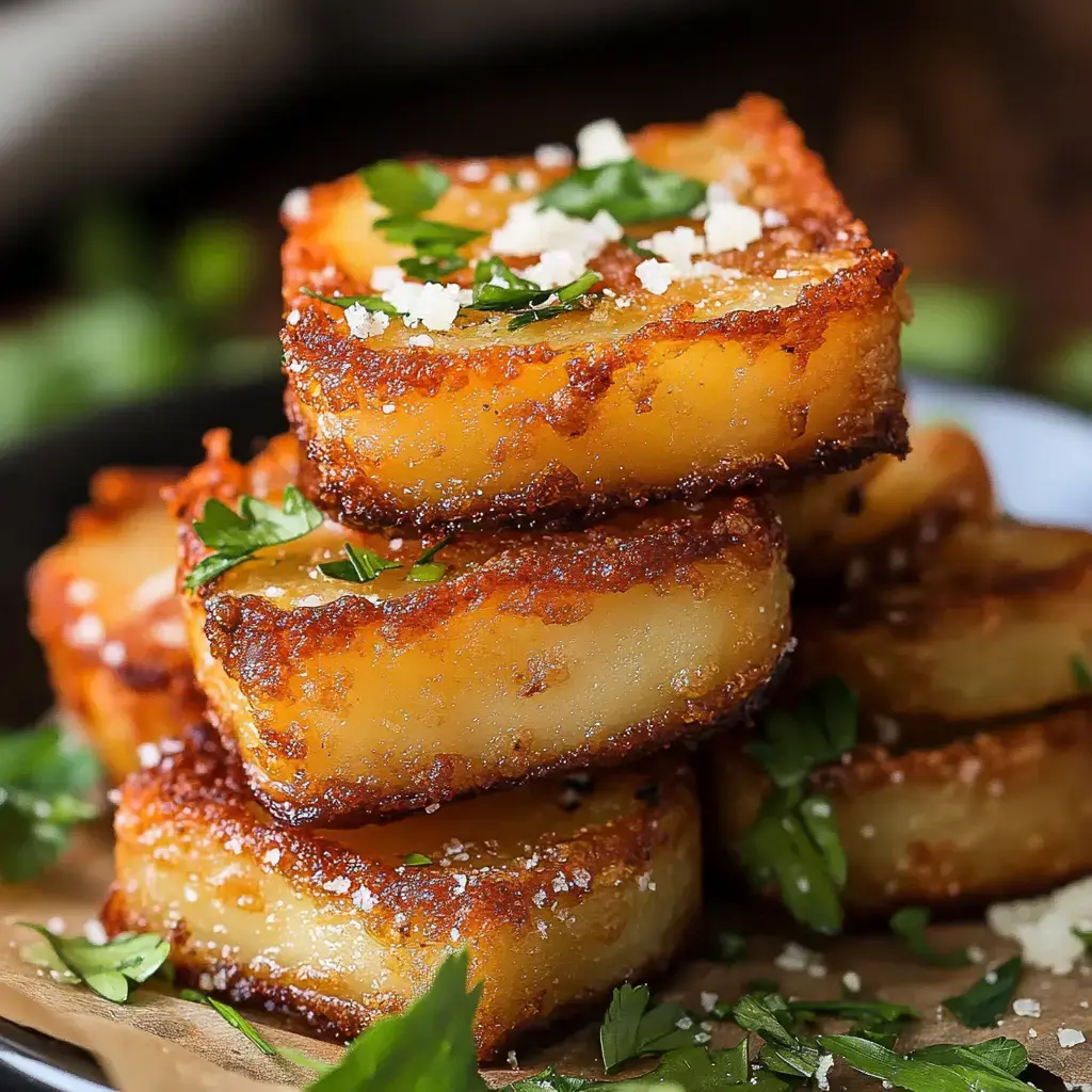 A stack of golden-brown, crispy fried potato rectangles garnished with chopped parsley and cheese.