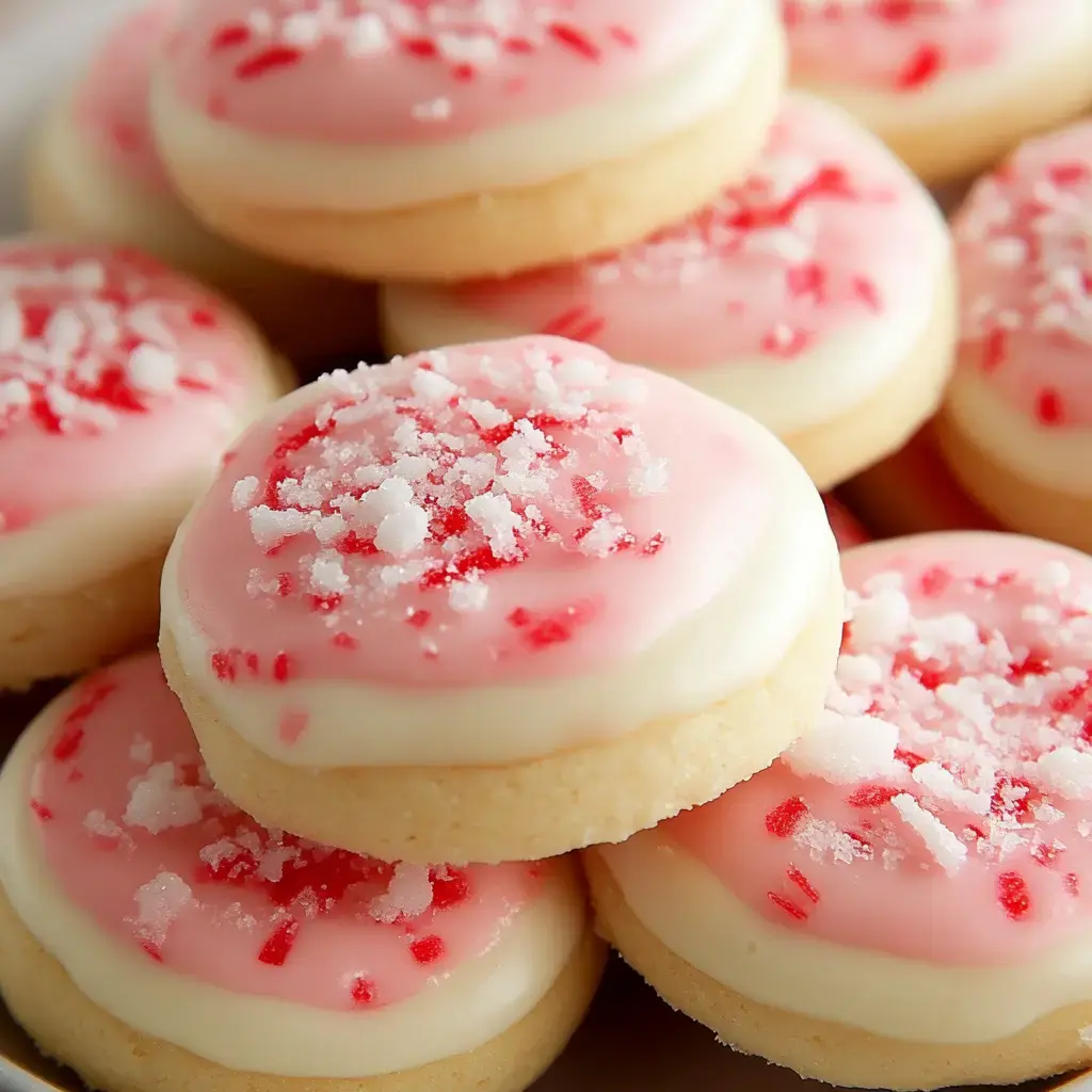 A close-up of sugar cookies topped with pink icing and sprinkled with crushed peppermint.