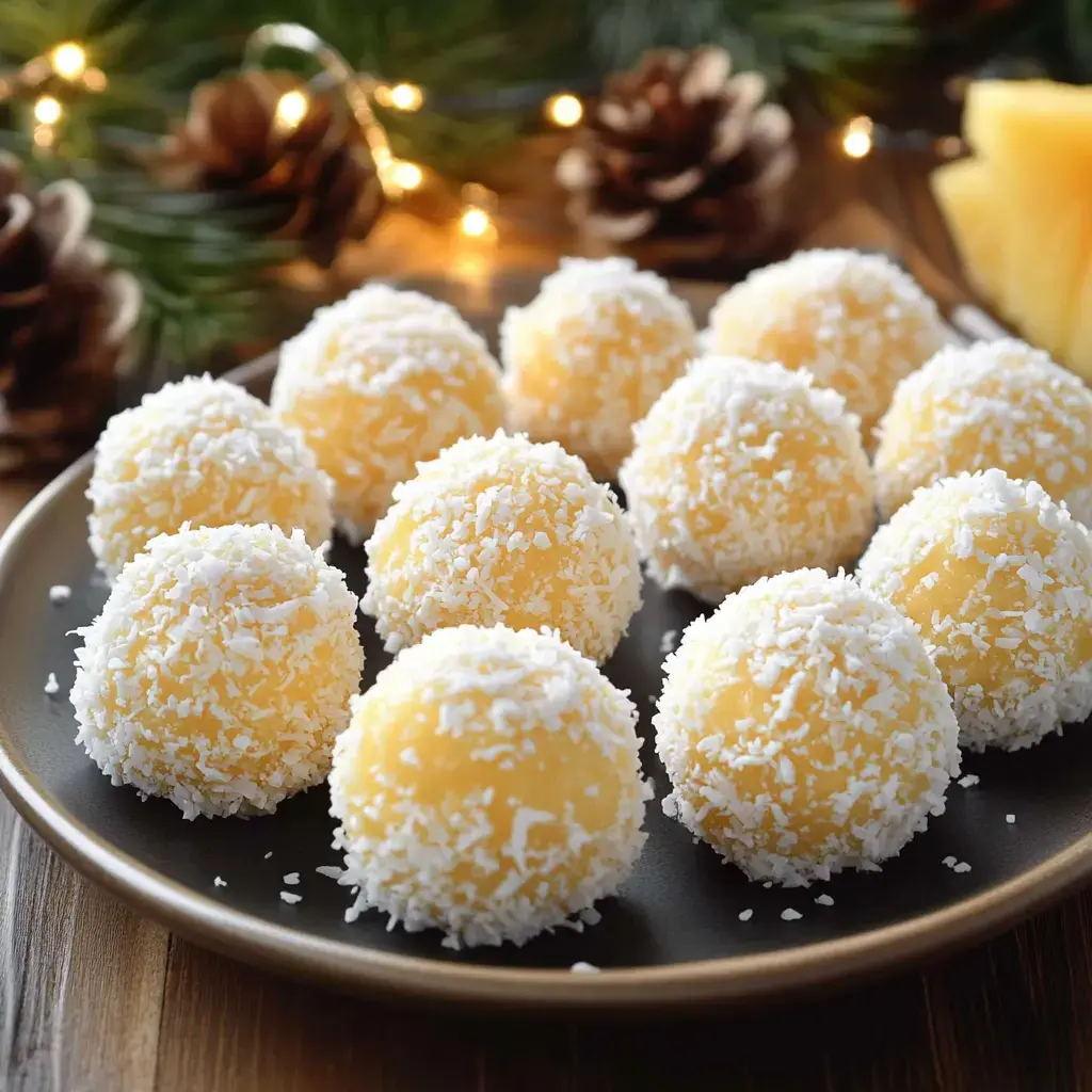 A plate of coconut-covered yellow sweets is displayed with pine cones and decorative lights in the background.