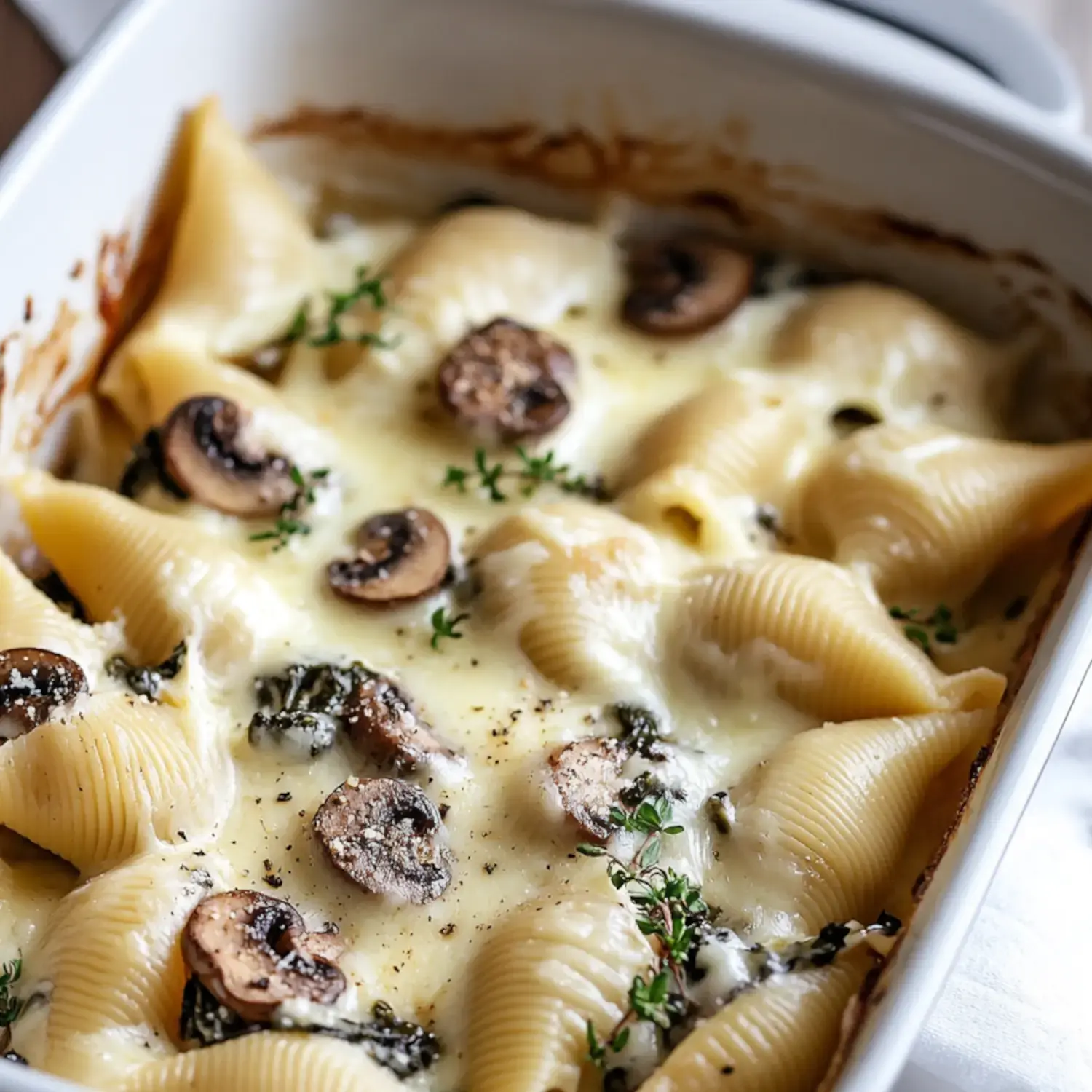 A baked dish of large pasta shells filled with cheese, mushrooms, and herbs in a creamy sauce.