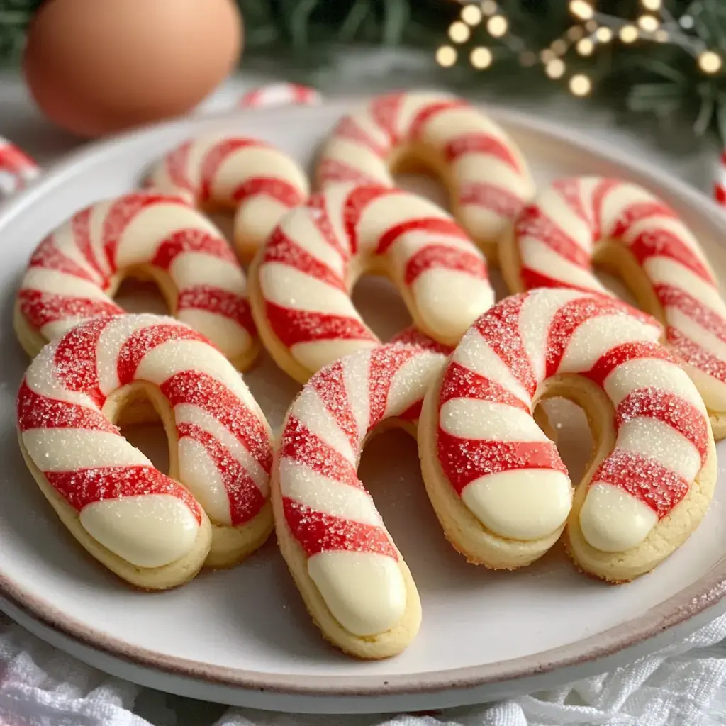 A plate of festive cookies shaped like candy canes, decorated with red and white icing and sparkles, with a soft-focus background featuring an egg and holiday greenery.