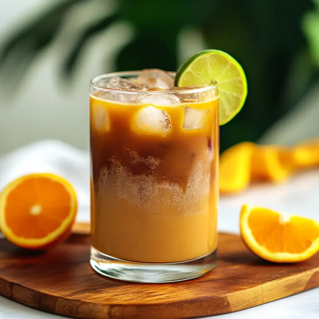 A refreshing iced drink garnished with a lime wedge sits on a wooden board, accompanied by orange slices.